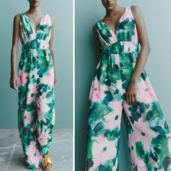 Zara Floral Wide Leg Jumpsuit Watercolor NEW - Picture 1 of 6